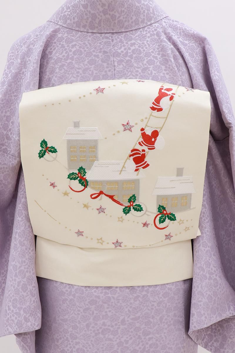 名古屋帯 九寸 京都 西陣 織り柄 金糸 薄緑 和楽器 花 中古