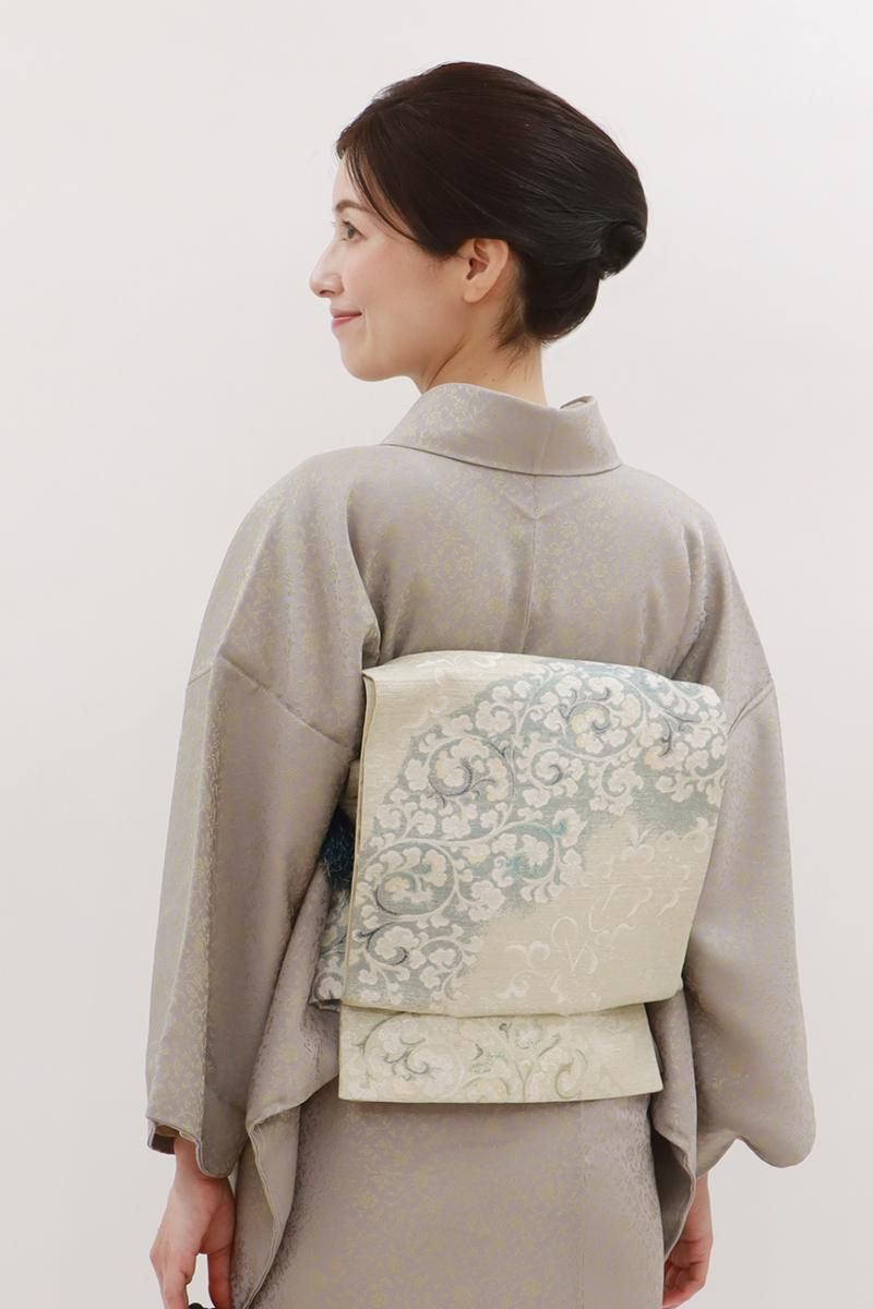 アンティーク 昼夜帯 正絹 花 鳥 鳳凰？ ピンクベージュ 青