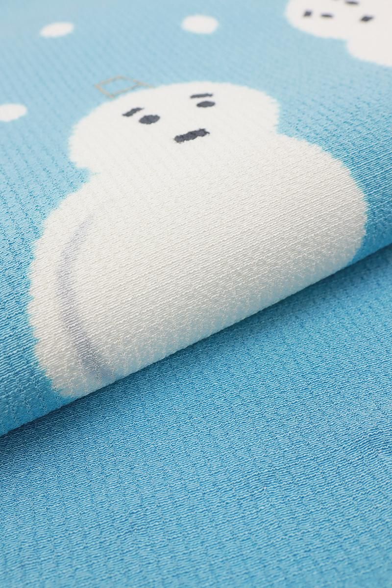 銀座【H-0176】縮緬地 染名古屋帯 水色系 雪だるまの図 - 銀座