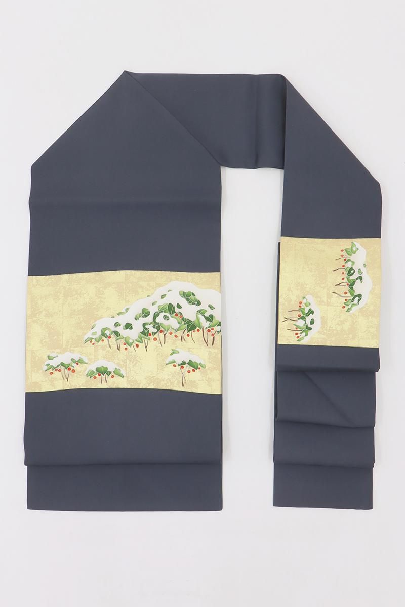 銀座【H-0184】塩瀬地 染名古屋帯 グレー系 雪持ち南天の図