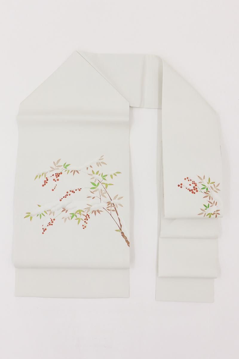 雪持南天の袋帯 全通 正絹 白地 アイボリー 雪持南天の袋帯全