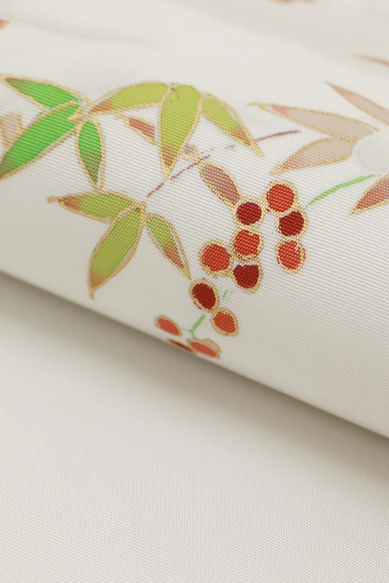 雪持南天の袋帯全通正絹白地アイボリー