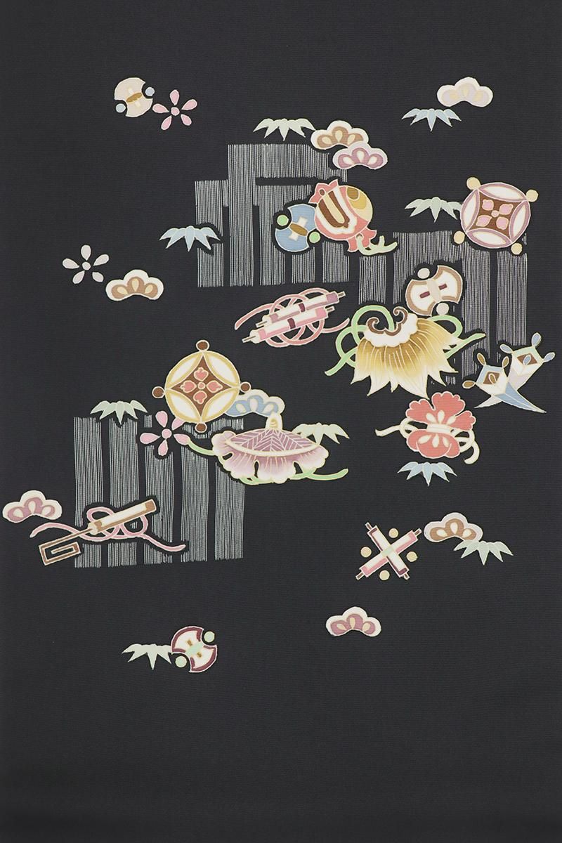 名古屋帯塩瀬黒地宝尽くし七宝