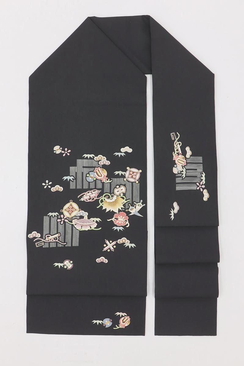 名古屋帯　塩瀬　黒地　宝尽くし　七宝 名古屋帯 塩瀬 黒地 宝尽くし 七宝 正絹 石目織 黒地 宝尽くし