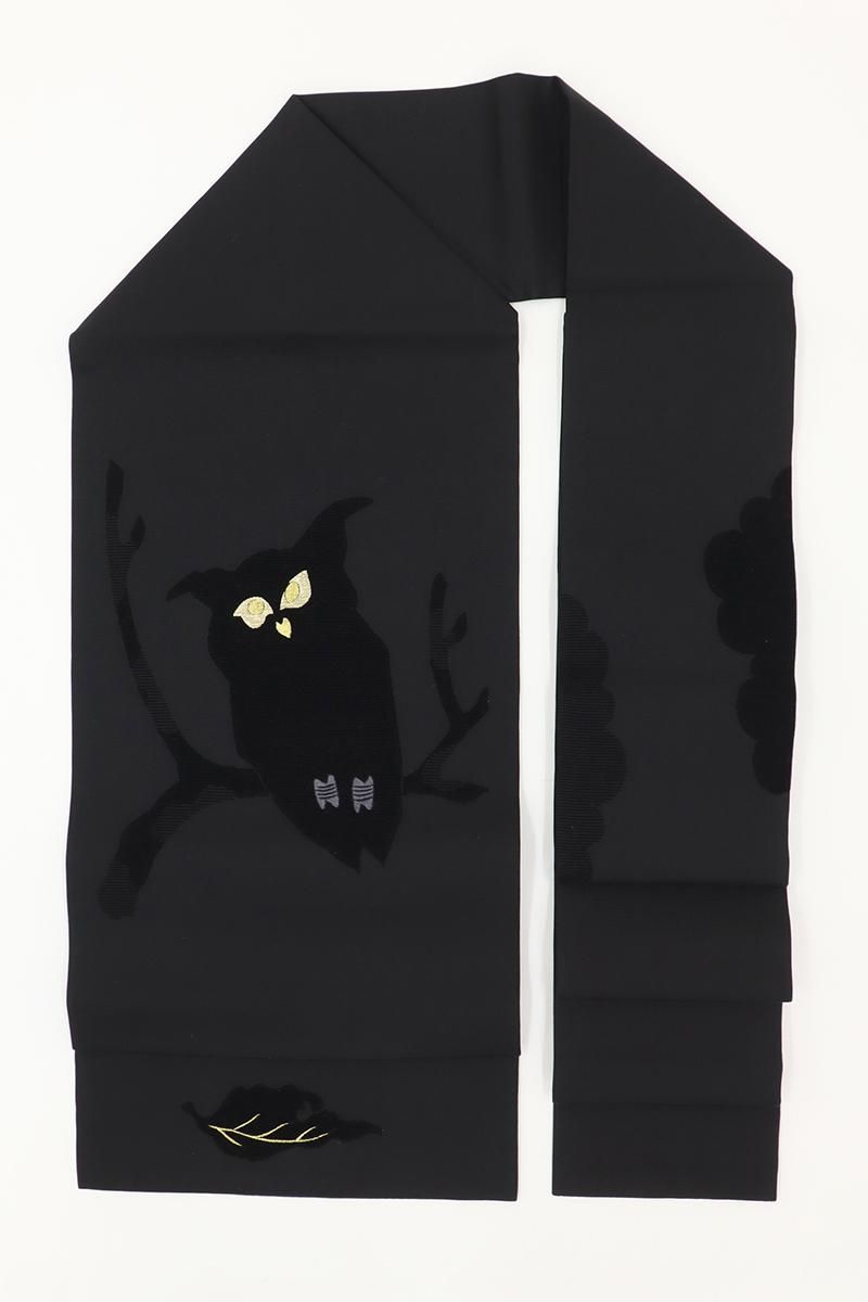 キモノモダン 名古屋帯 黒 モダン】9寸名古屋帯 手織り紬地正絹 黒地に細縞 マルチカラー