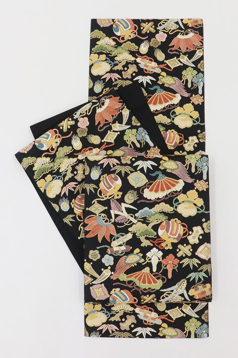 銀座【L-7867】西陣 藤原製 袋帯 黒色系 宝尽くし文（落款入） - 銀座