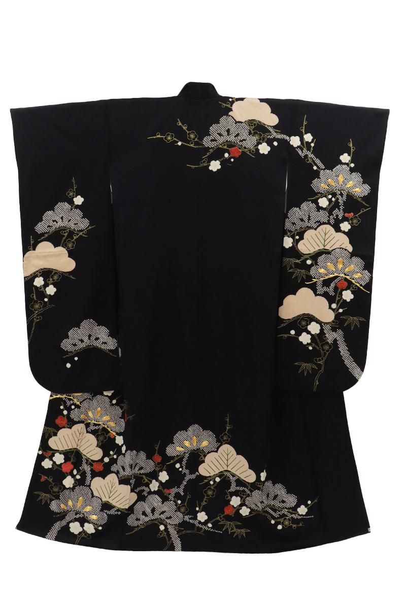 銀座【B-3920】絞り染め 振袖 黒色 松竹梅の図 :身丈167/裄68.5/細め