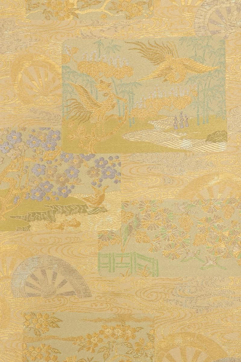 平和屋着物◎六通柄袋帯 唐織 色紙花鳥文 蝶 金糸 正絹 逸品