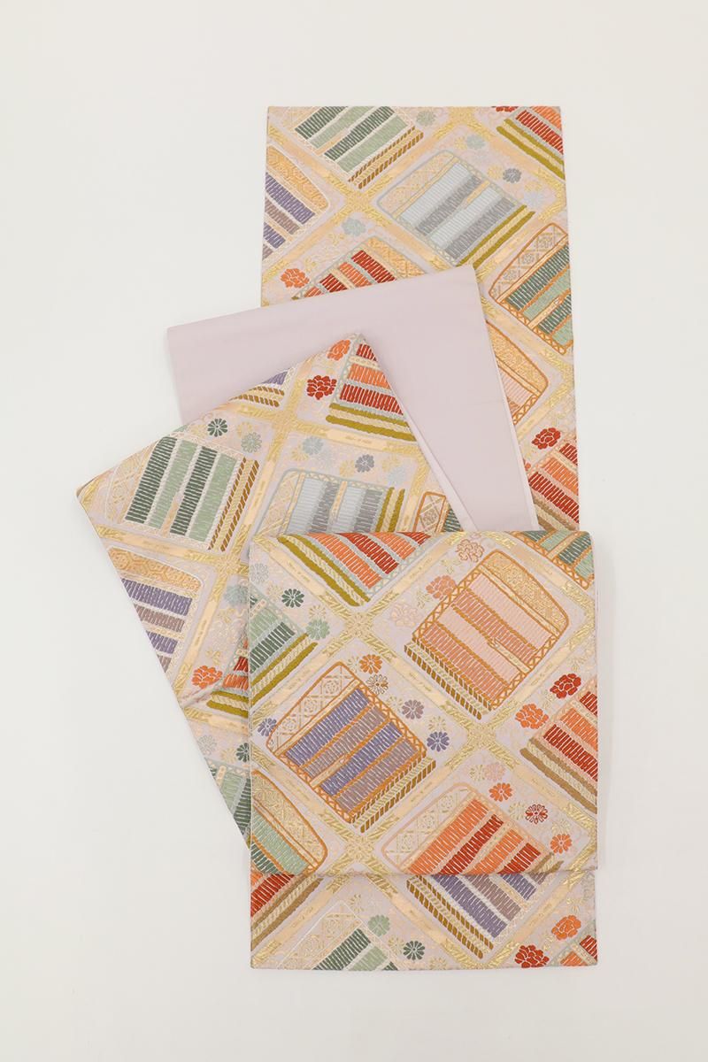 銀座【L-7914】袋帯 ピンク系 斜め格子に威毛文 - 銀座きもの青木