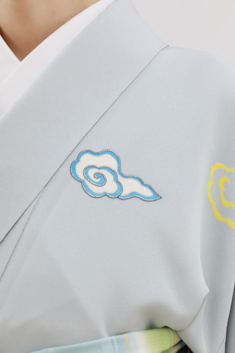 ★専用★未使用品 色無地 水色 身丈160cm 裄丈66.5cm 縫いの一つ紋 銀座【B-3900】工芸キモノ野口製 付下げ 水色系 雲文 :身丈162.5