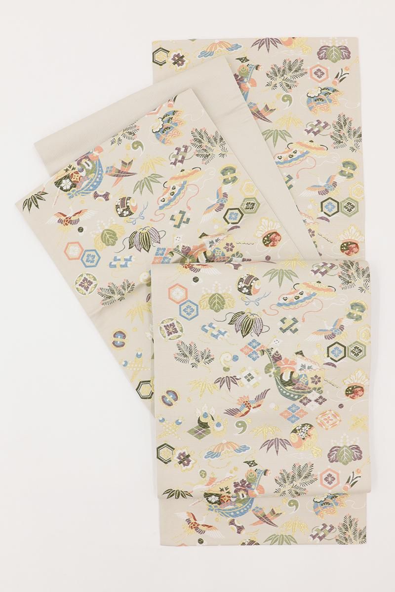 銀座【L-7937】西陣 山下織物製 袋帯 白色系 宝尽くし文（証紙付