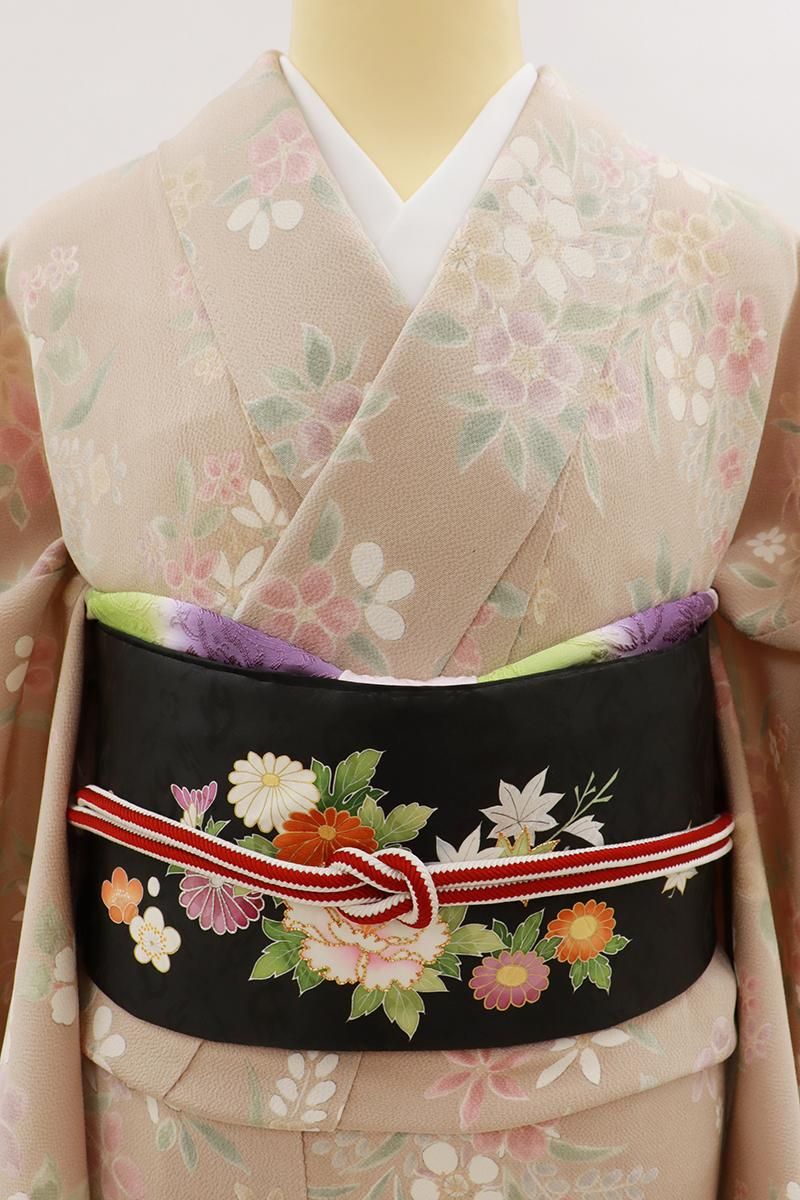 あおき【H-0230】染名古屋帯 黒色 熊手に四季花の図 - 銀座