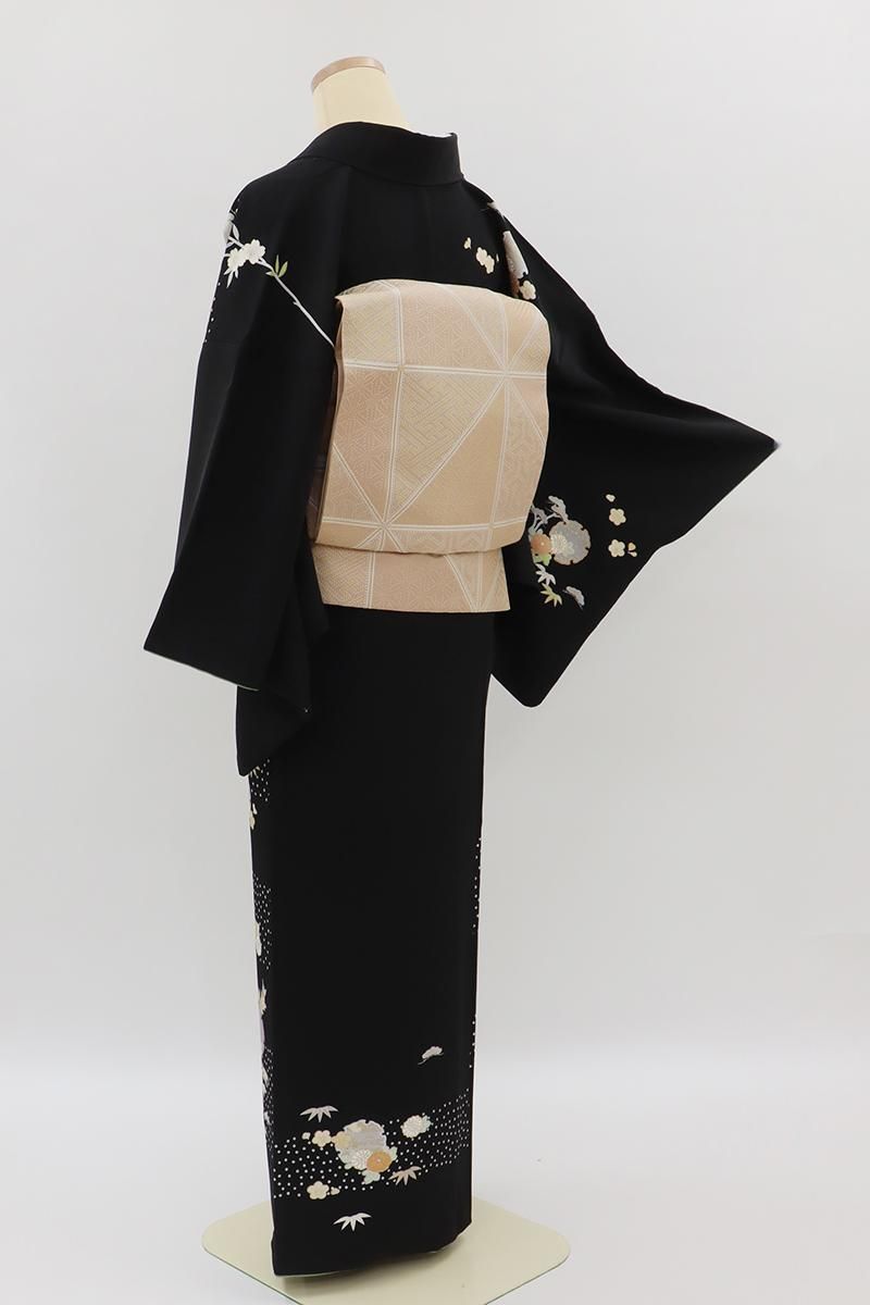 銀座【B-3983】訪問着 黒色 疋田の横段に雪輪や四季花文 :身丈158/裄67