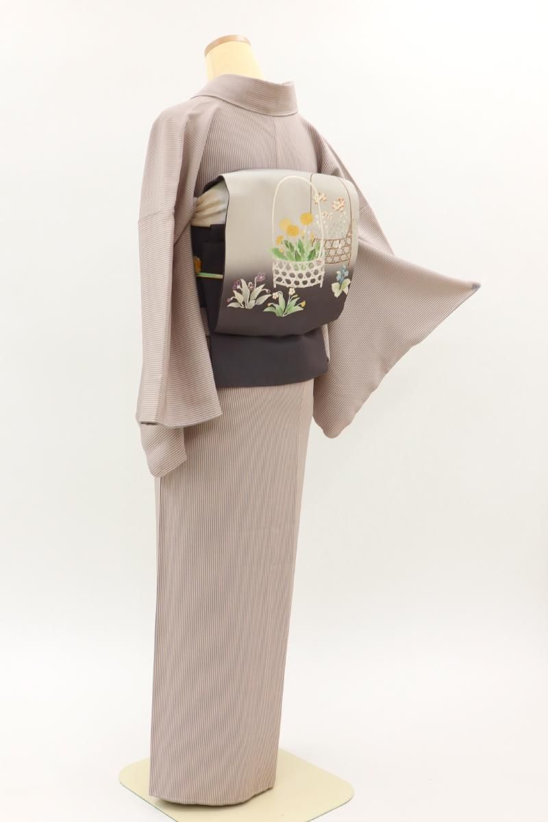 訪問着　付下げ　ピンクグレージュ　薄小豆色　薄茶色　トールサイズ　ロング丈 銀座【D-3684】伝統工芸士 田島輝久作 小紋 ピンク色系 竪縞（落款入