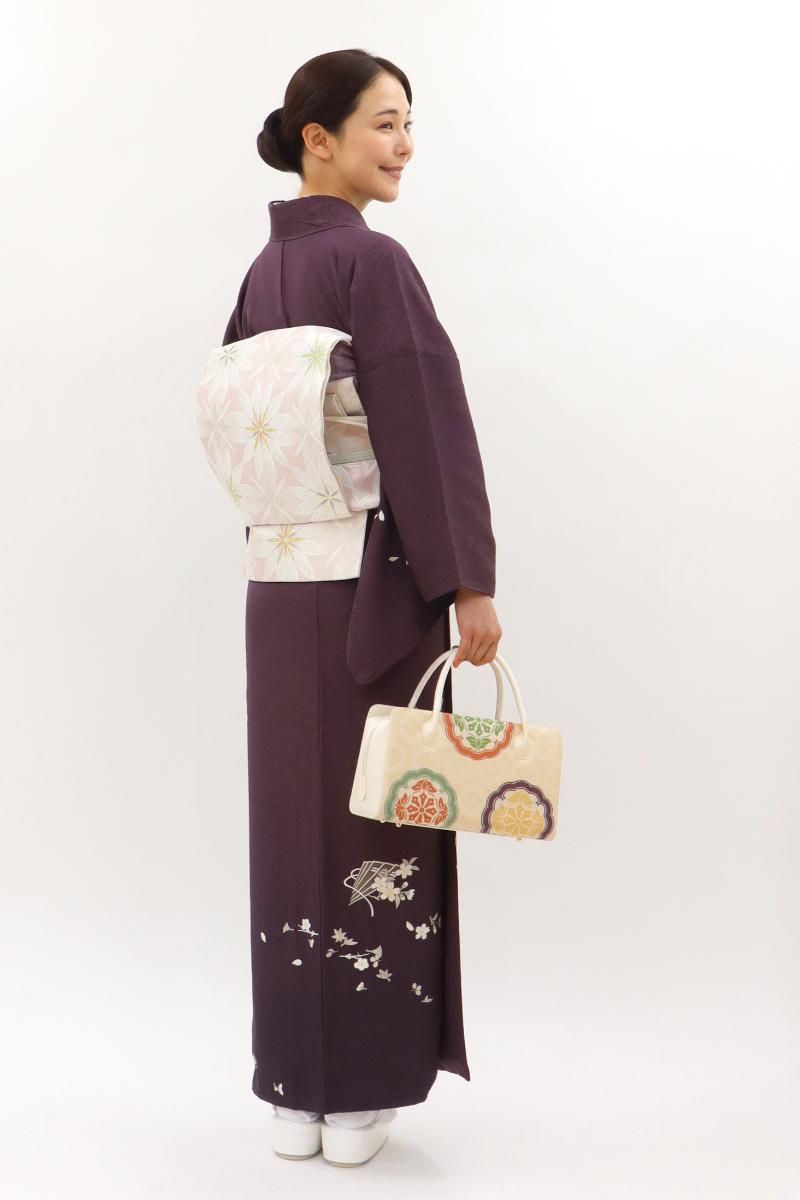 銀座【B-3974】刺繍 付下げ 濃紫色 裾暈かしに桜や檜扇など