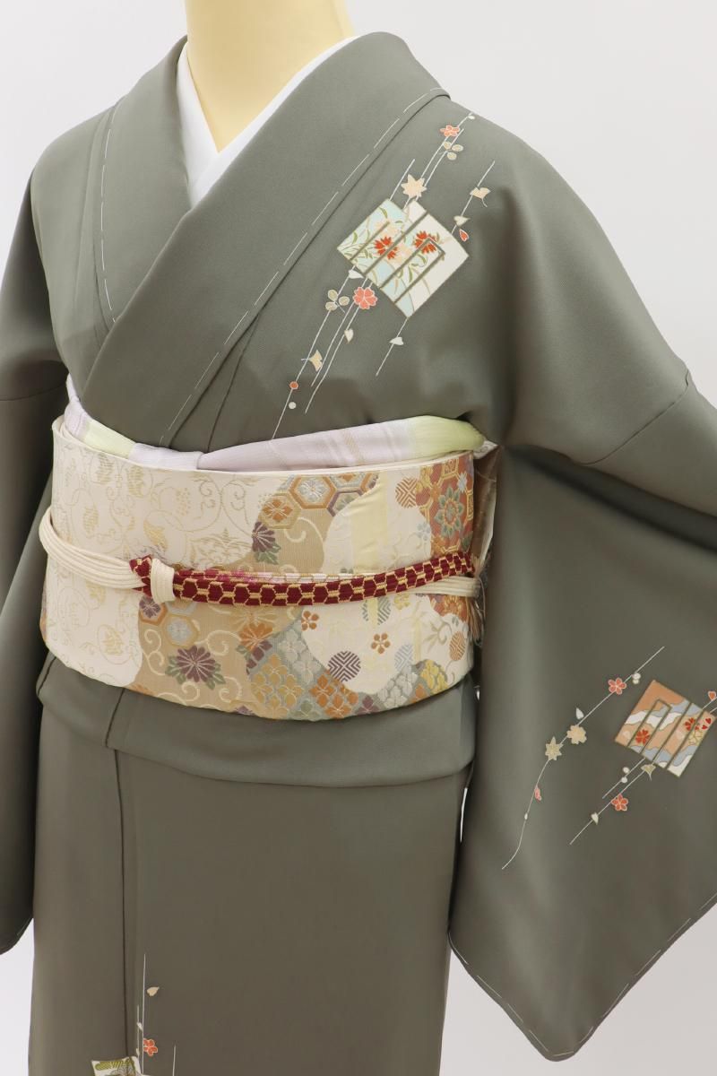 銀座【B-4011】付下げ 老緑色 源氏香に四季花の図（反端付