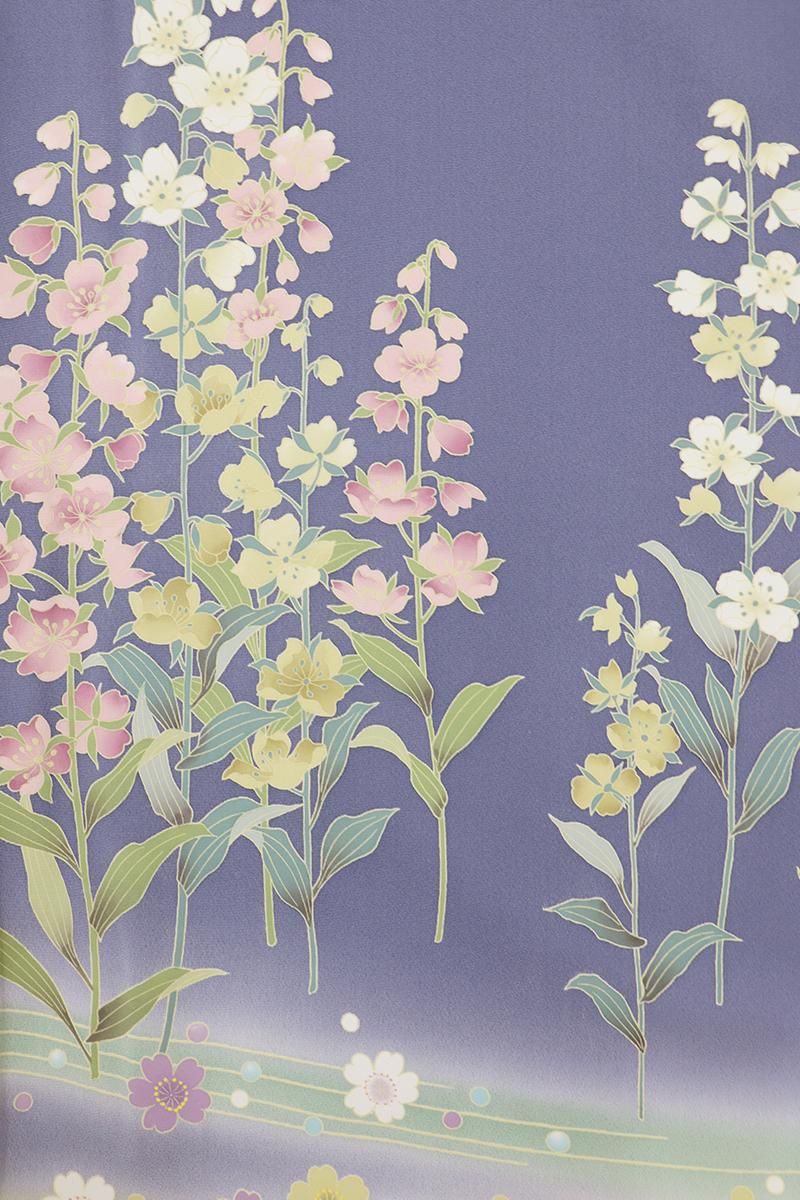 AC0807　誂仕立付訪問着　青紫草花柄　作家物 銀座【B-3976】訪問着 青藤色 流線に桜文 :身丈165/裄67 - 銀座きもの