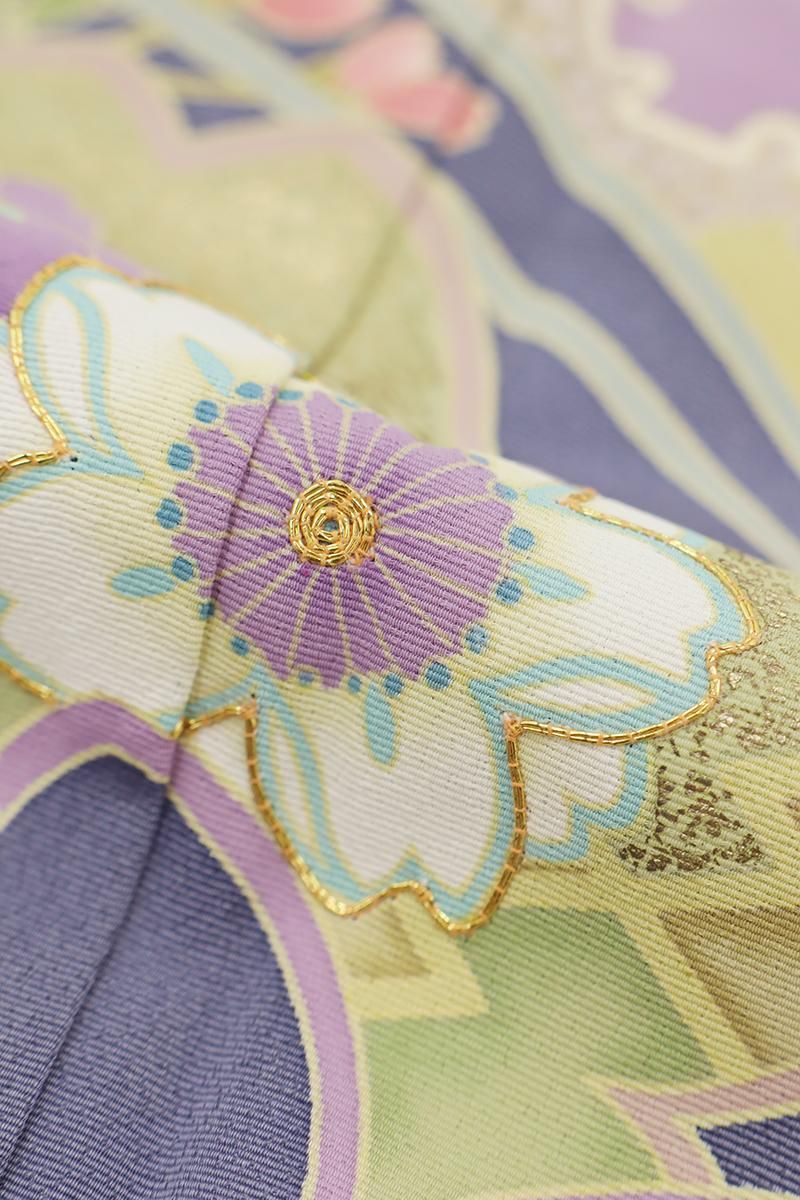 銀座【B-3976】訪問着 青藤色 流線に桜文 :身丈165/裄67 - 銀座きもの