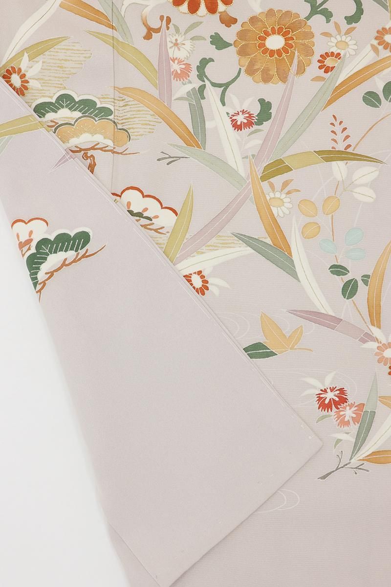 銀座【B-4023】訪問着 淡い灰桜色 四季花の図 :身丈151.5/裄69