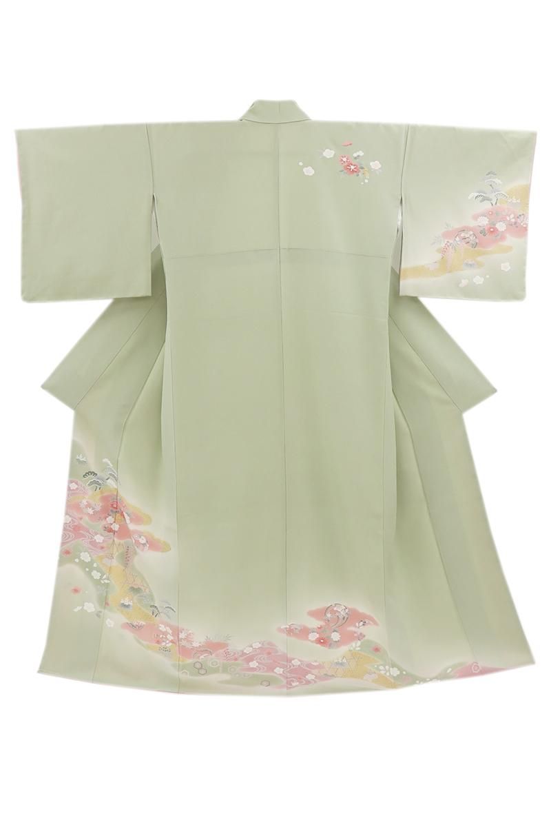 銀座【B-4028】訪問着 青白橡色 雲取りに四季花文 :身丈165/裄68/細め