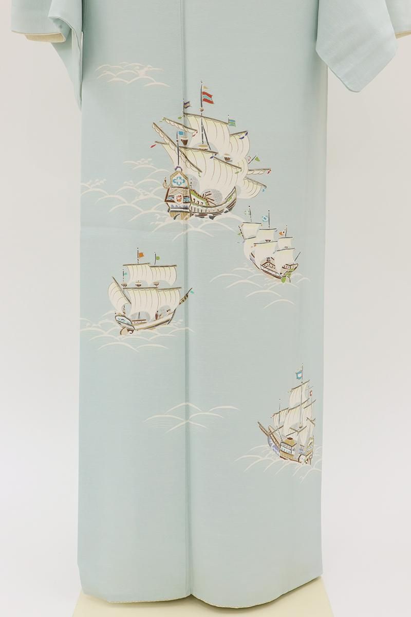 銀座【B-4056】訪問着 淡水色 波に南蛮船の図 （反端付・ますいわ屋