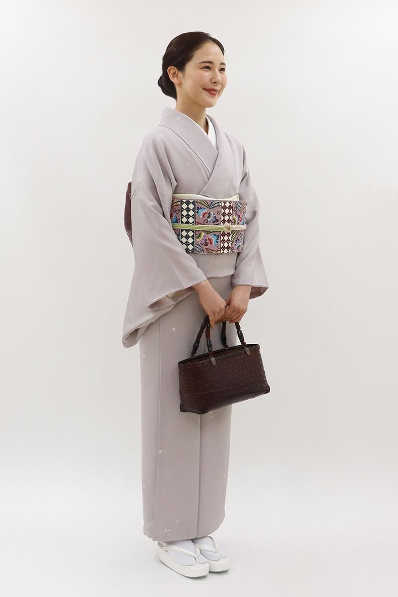 あおき【D-3692】縮緬地 小紋 淡い浅紫色 楓文 :身丈159/裄66.5