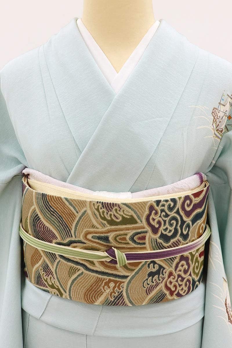 銀座【L-8095】西陣 鹿子井山田製 袋帯 多彩な波文や雲文（落款