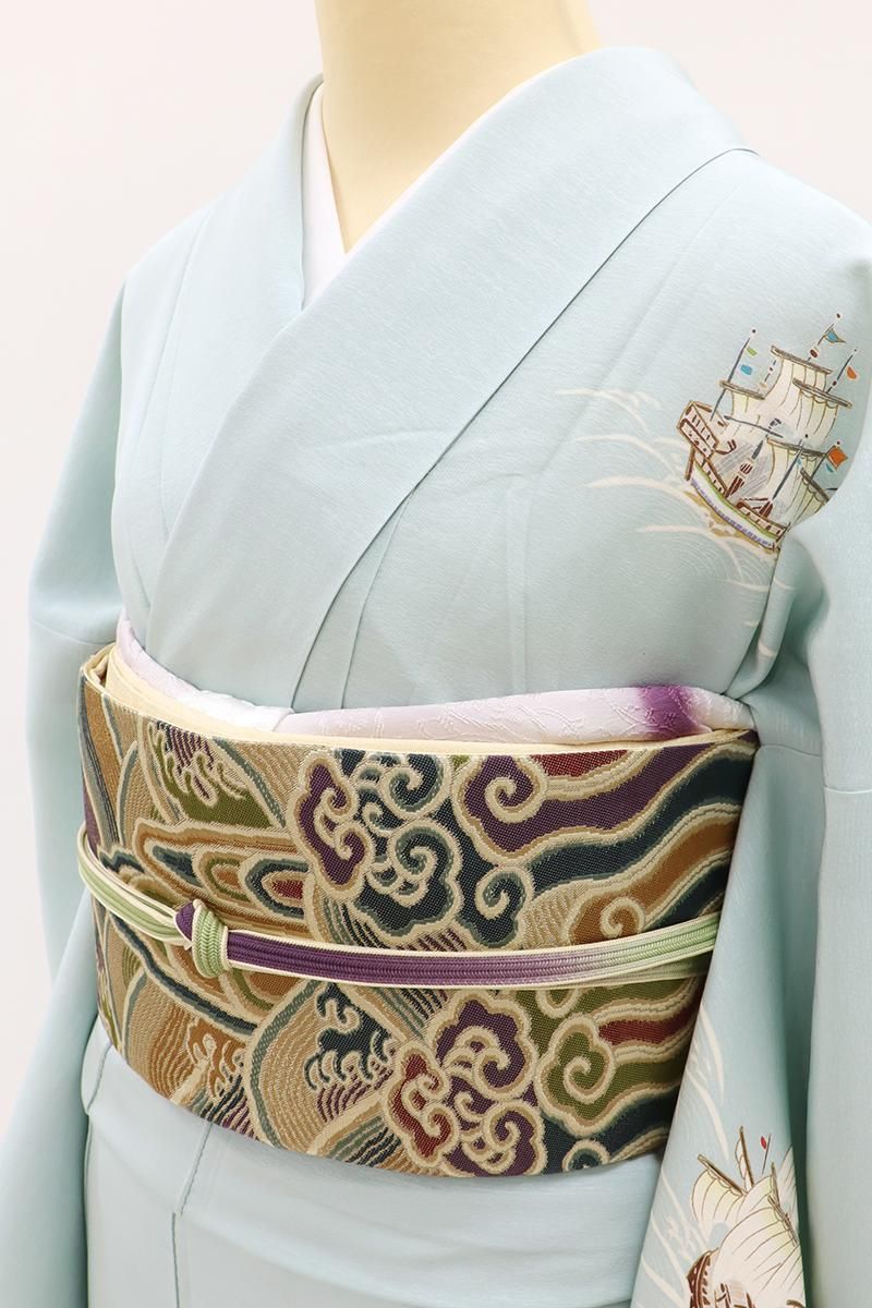 新品 正絹 袋帯 西陣 鹿子井山田 宝尽くし 鶴亀 未仕立て品 2920 銀座【L-8095】西陣 鹿子井山田製 袋帯 多彩な波文や雲文（落款