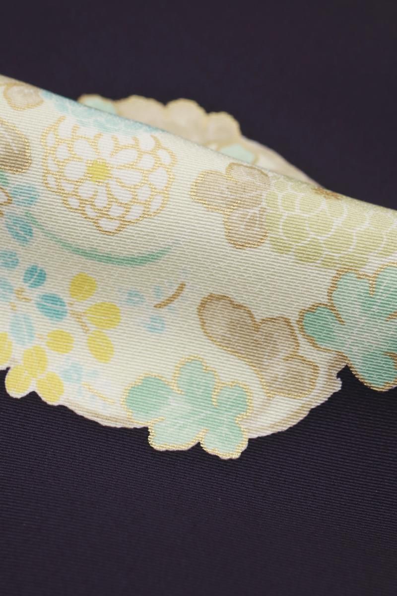 銀座【D-3691】小紋 茄子紺色 菊の丸文（反端付）（N）:身丈160/裄68