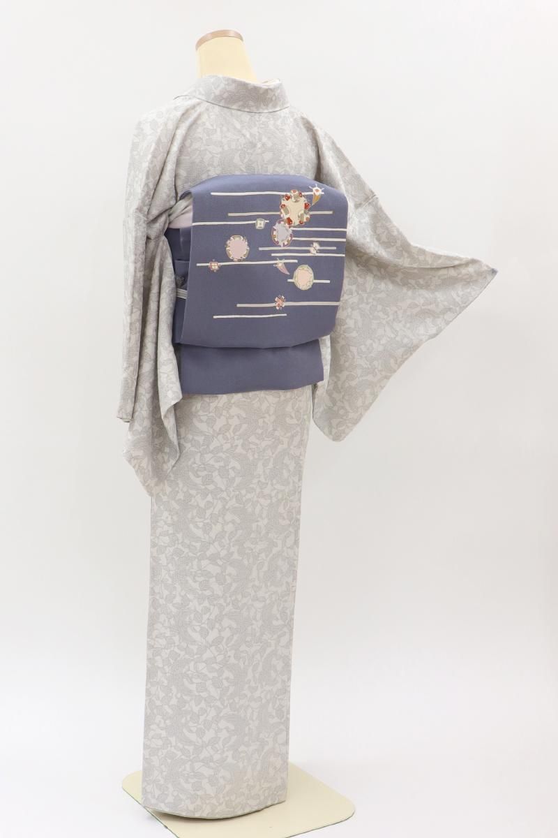 銀座【D-3725】東京染小紋 岩下江美佳作 小紋 白色 植物に鳥の図（落款