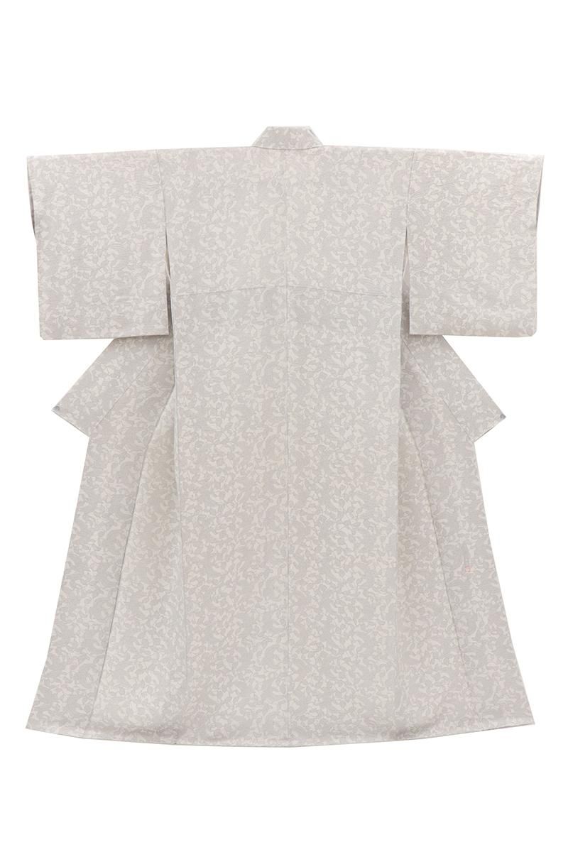 銀座【D-3725】東京染小紋 岩下江美佳作 小紋 白色 植物に鳥の図（落款