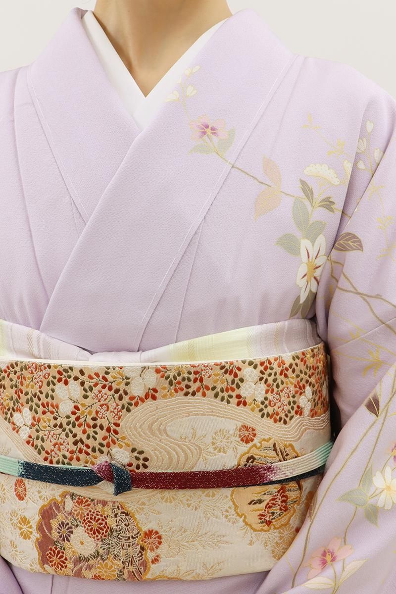 銀座【B-4043】訪問着 薄紅藤色 流線暈かしに四季花文 :身丈161.5/裄69