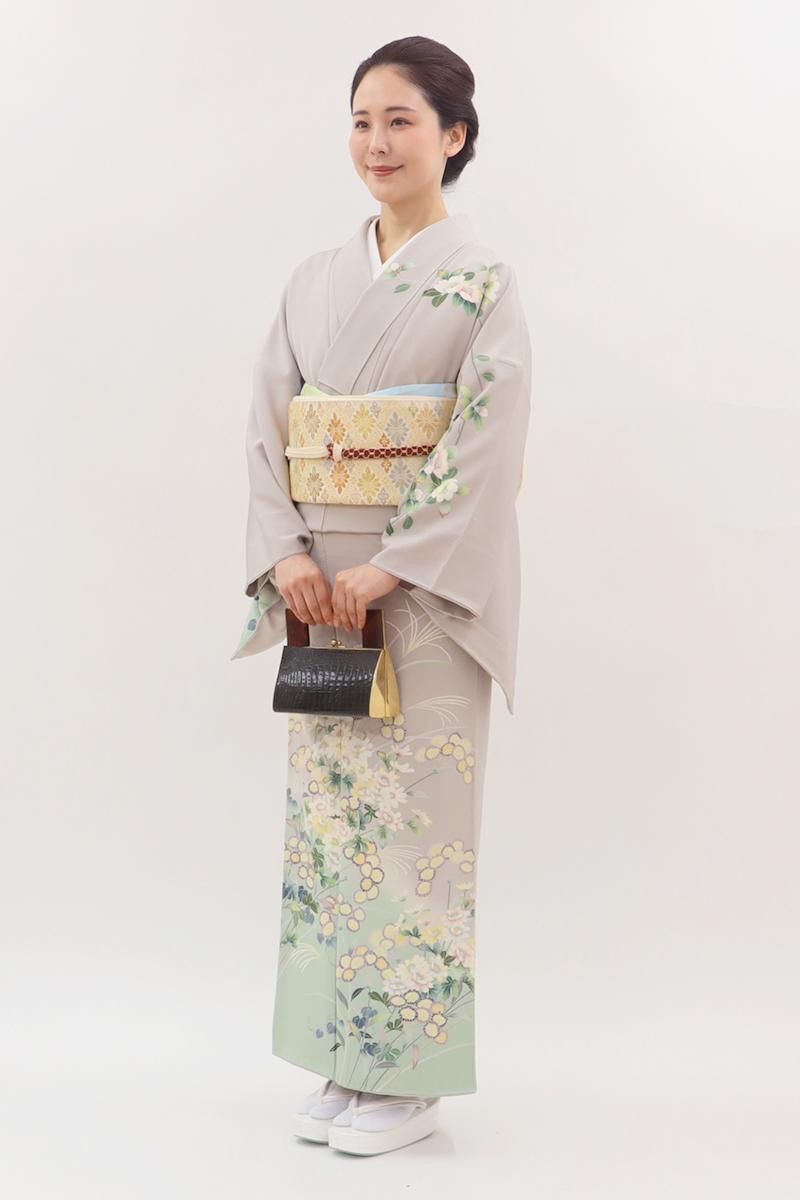 訪問着tc892 ヒワ色 扇に菊鶴(化繊) | 着物レンタルの京都かしい