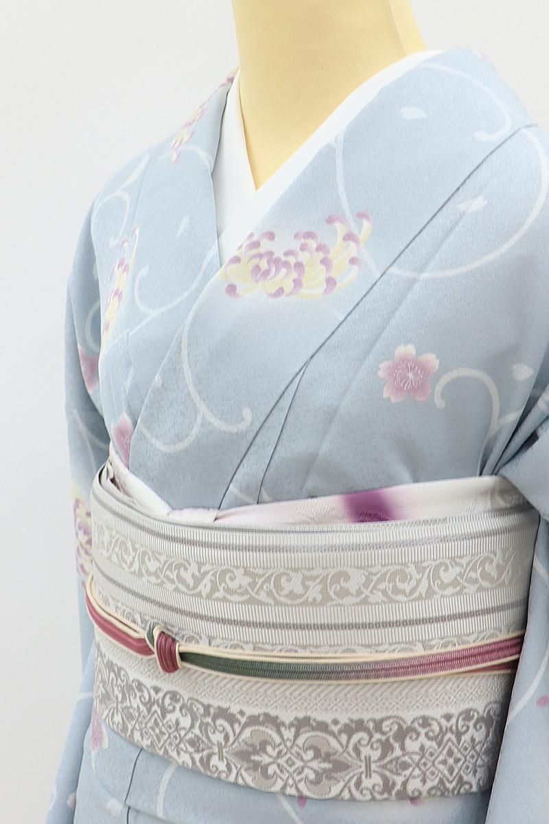 銀座【D-3731】小紋 淡い灰青色 唐草に桜や菊 :身丈159/裄66