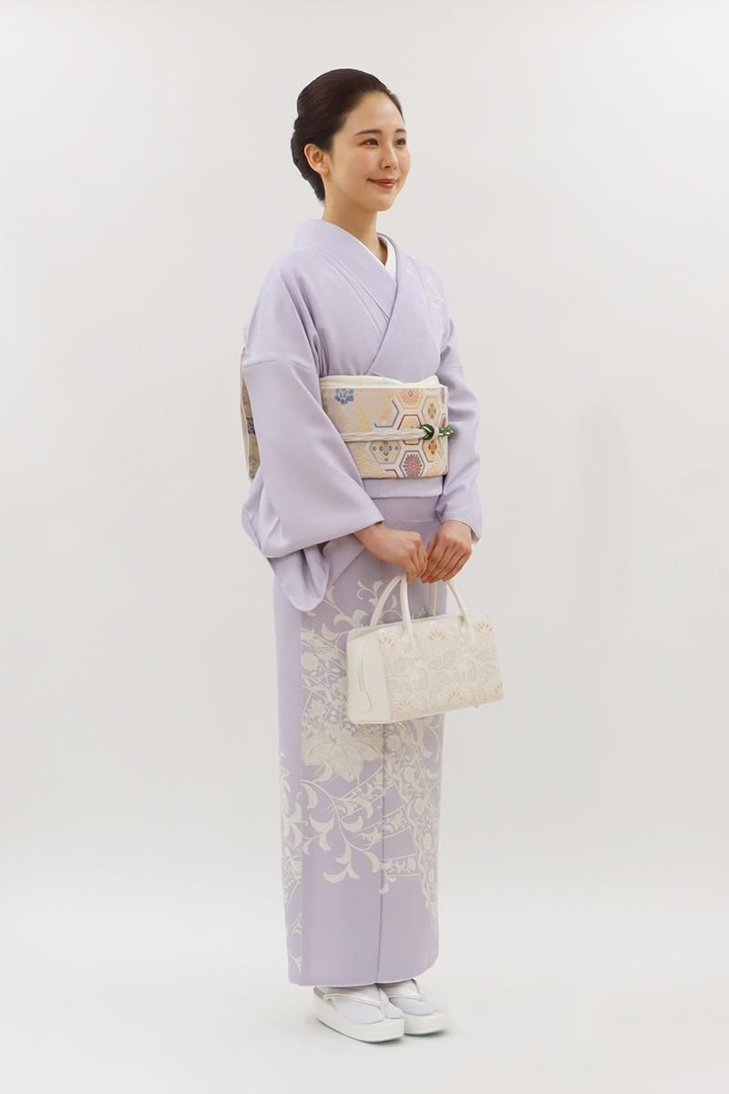 銀座【B-4038】訪問着 薄紅藤色 片輪車に唐花文 :身丈162/裄68 - 銀座