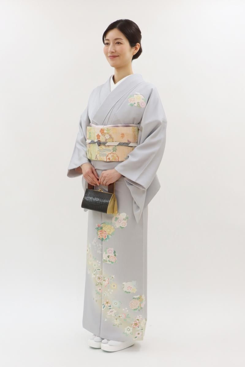 銀座【B-4053】染一ッ紋 訪問着 淡い鳩羽鼠色 四季花や唐花文 身丈160