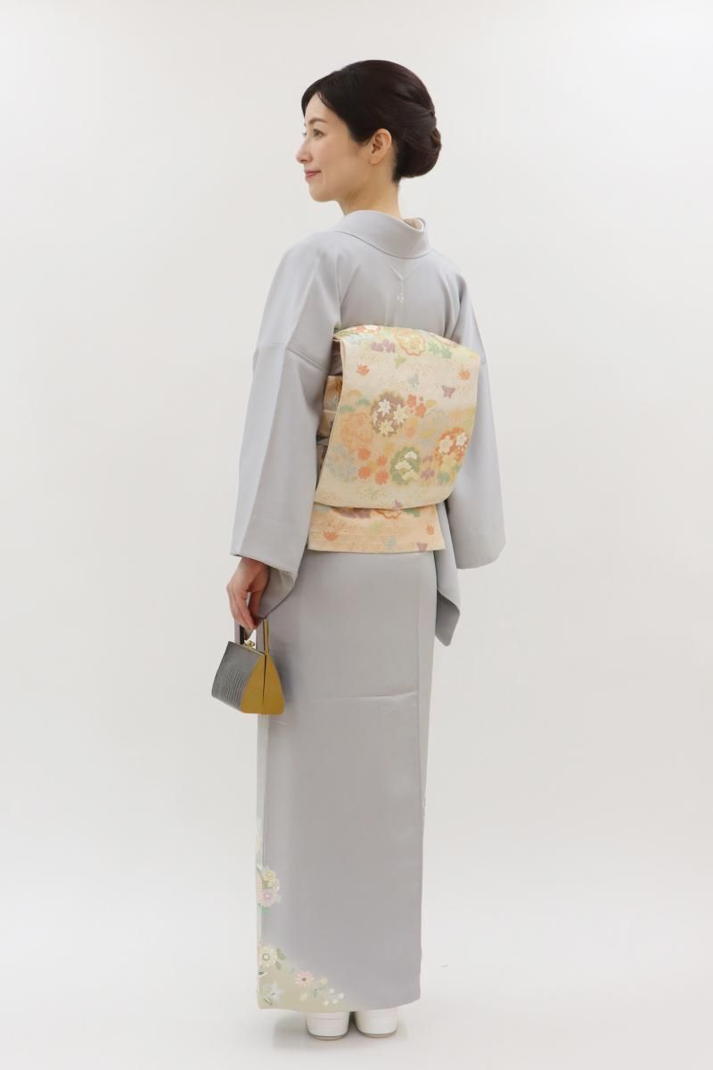 銀座【B-4053】染一ッ紋 訪問着 淡い鳩羽鼠色 四季花や唐花文