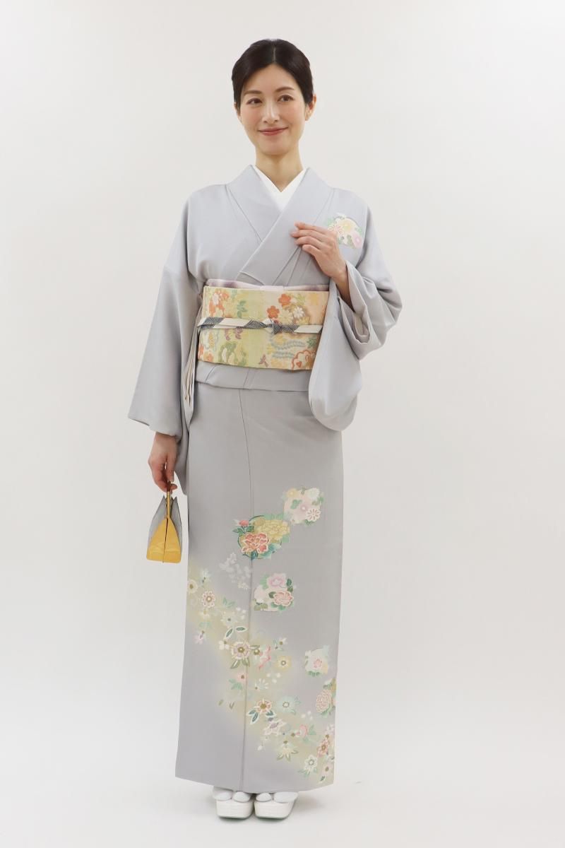 銀座【B-4053】染一ッ紋 訪問着 淡い鳩羽鼠色 四季花や唐花文