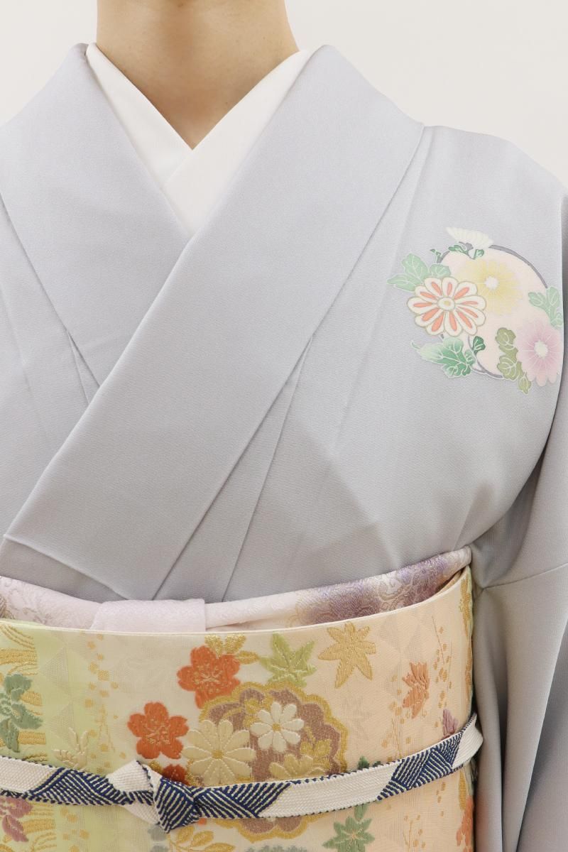 406mh37●付下げ 薄鳩羽鼠色 総刺繍 菊に鏡花文様 丹後ちりめん●しつけ付 N様ご予約品】正絹ちりめん 桜鼠に鳳凰の刺繍の付け下げ 袷