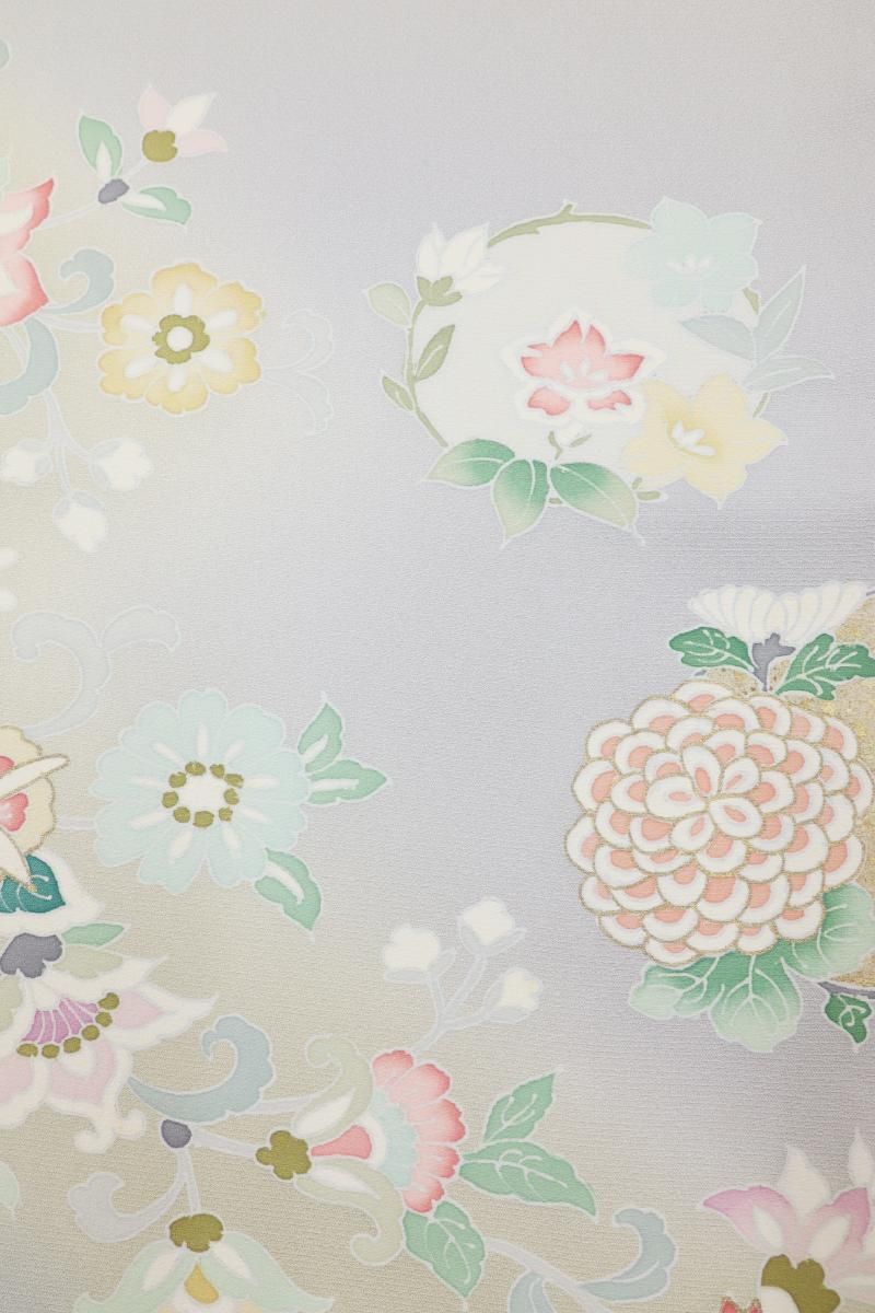 銀座【B-4053】染一ッ紋 訪問着 淡い鳩羽鼠色 四季花や唐花文 身丈160