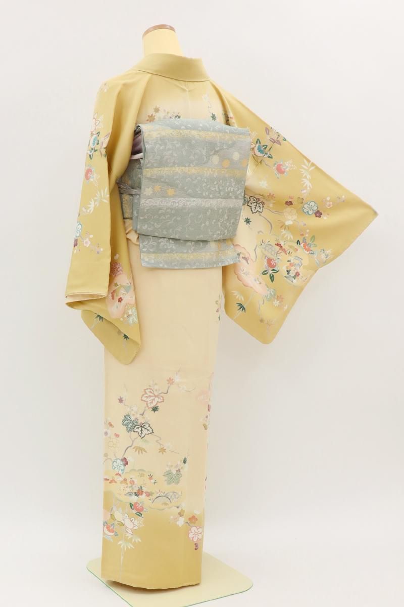 銀座【B-4063】訪問着 クリーム色 四季花文 :身丈160/裄68 - 銀座