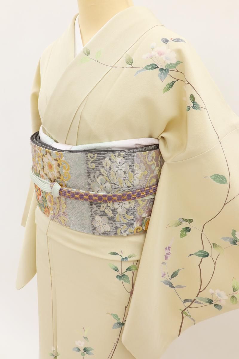 【メグモグ　】訪問着　薄浅葱色　ライトブルー系　身丈163cm 四季草花 薄黄緑地に桜と四季花の訪問着（袷） | 宅配着物レンタルの京都