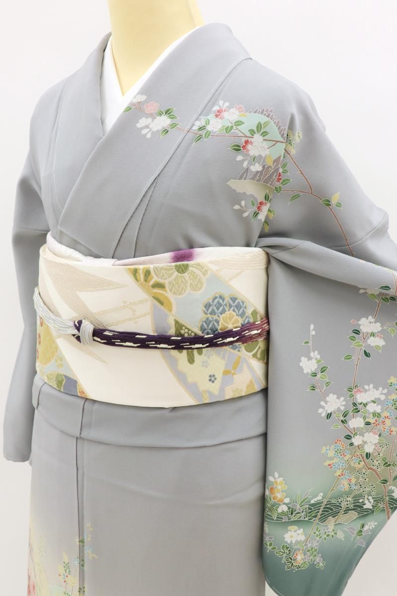 銀座【B-4072】友禅作家 仲野雅峰作 訪問着 淡い鳩羽鼠色 風景文