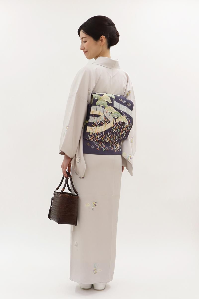 銀座越後屋 正絹 小紋着物 ひとえ 単 銀座【D-3716】小紋 淡い薄藤色 葵文（反端付）（N） :身丈161