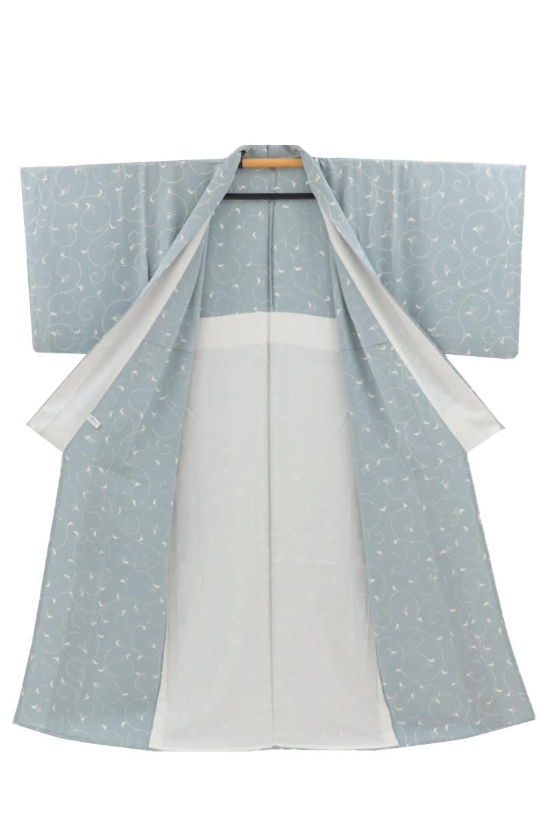 銀座【D-3739】単衣 小紋 浅葱鼠色 花唐草文 :身丈151.5/裄65