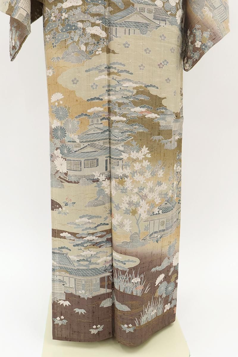 銀座【B-4078】京都しょうざん製 単衣 生紬地 訪問着 路考茶色 風景文