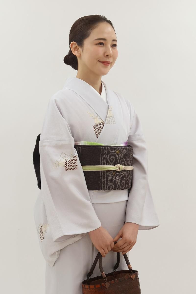 銀座【H-0353】織名古屋帯 ココア色 横段に装飾花文 （単衣向き