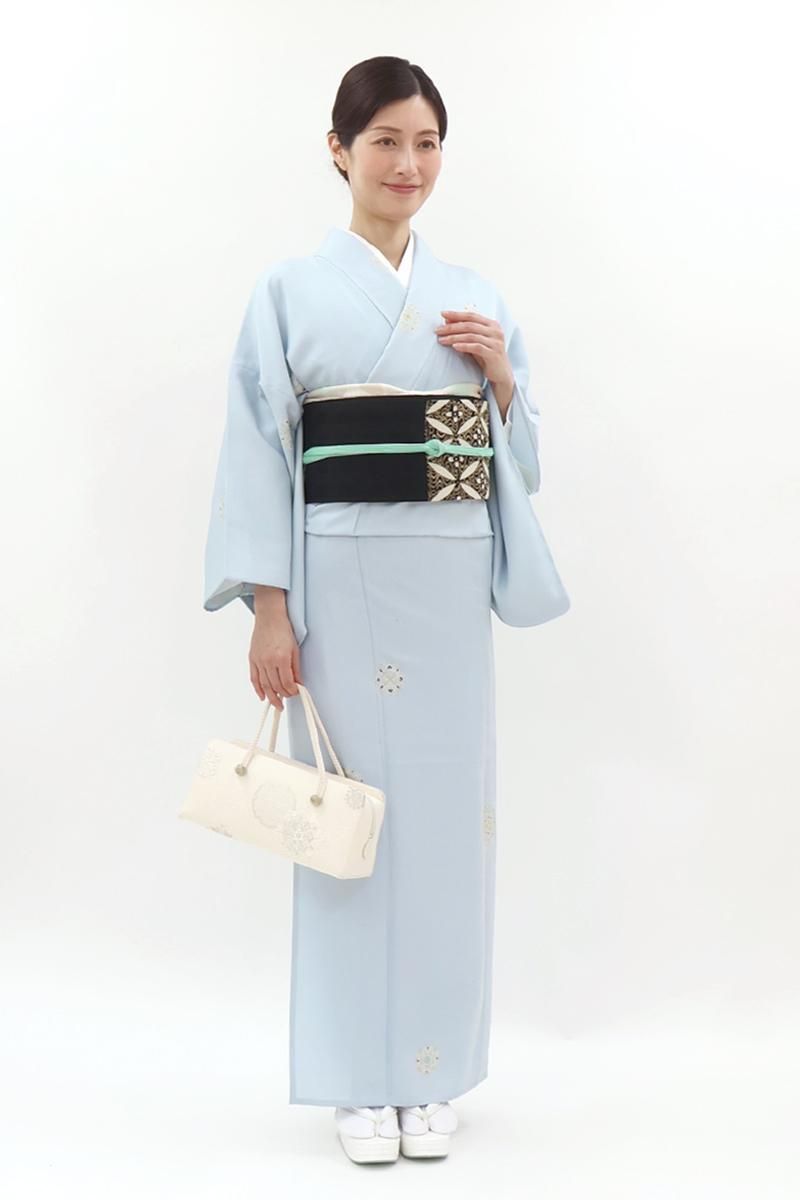 銀座【D-3733】単衣 小紋 淡い淡群青色 華文（反端付）（N） :身丈160