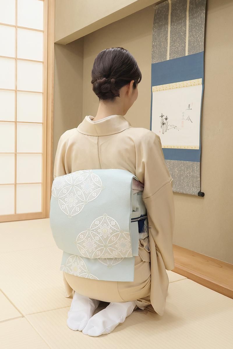 銀座【L-8112】西陣製 夏 袋帯 淡水色 七宝華文（反端付）（N