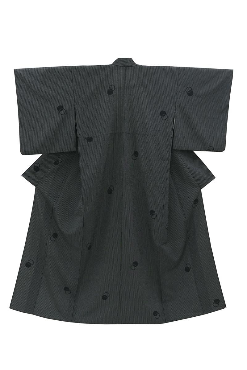 銀座【A-4080】単衣 本塩沢 黒色 縞に雪輪重ね文:身丈157/裄67.5/広め